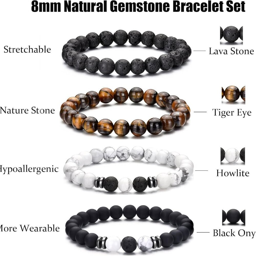 Tiger Eye Bracelet For Men 8MM Natural Stone Stretch Adjustable Black Crystal Be - Picture 3 of 9